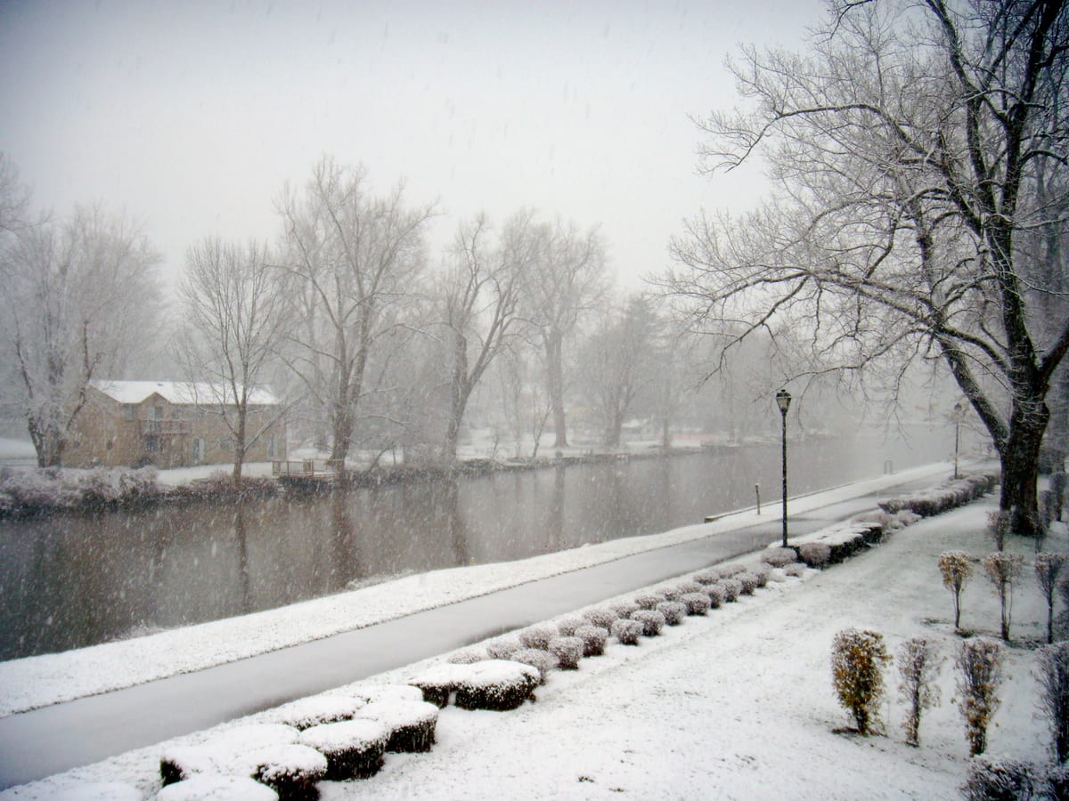 Fresh snow covering a canal-side path, clipped shrubs and bare trees along the Erie Canal, with a lamp post and a house across the gray water